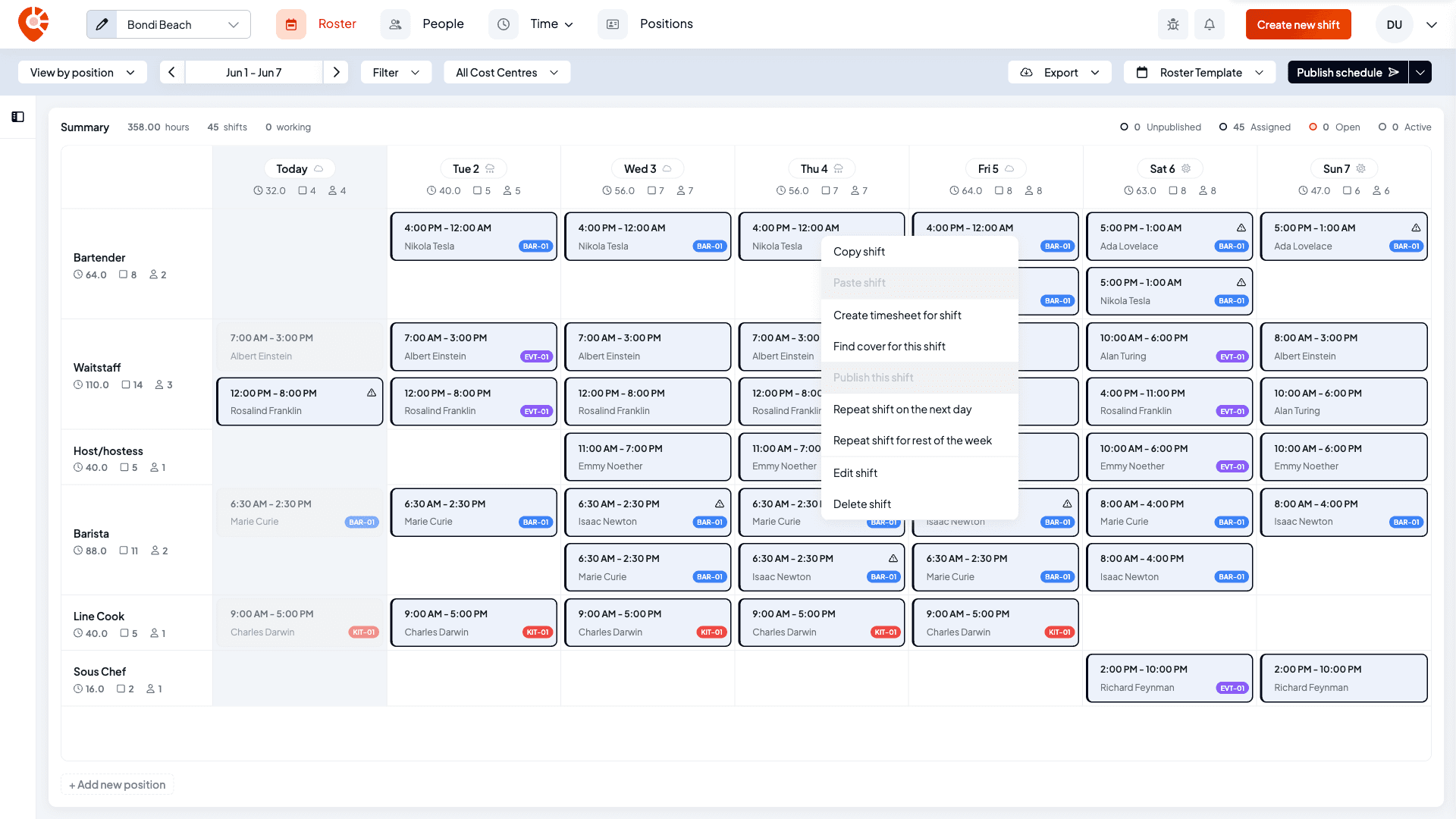 The right-click menu on a shift showing copy, paste, create timesheet, find cover, publish, repeat and edit or delete actions
