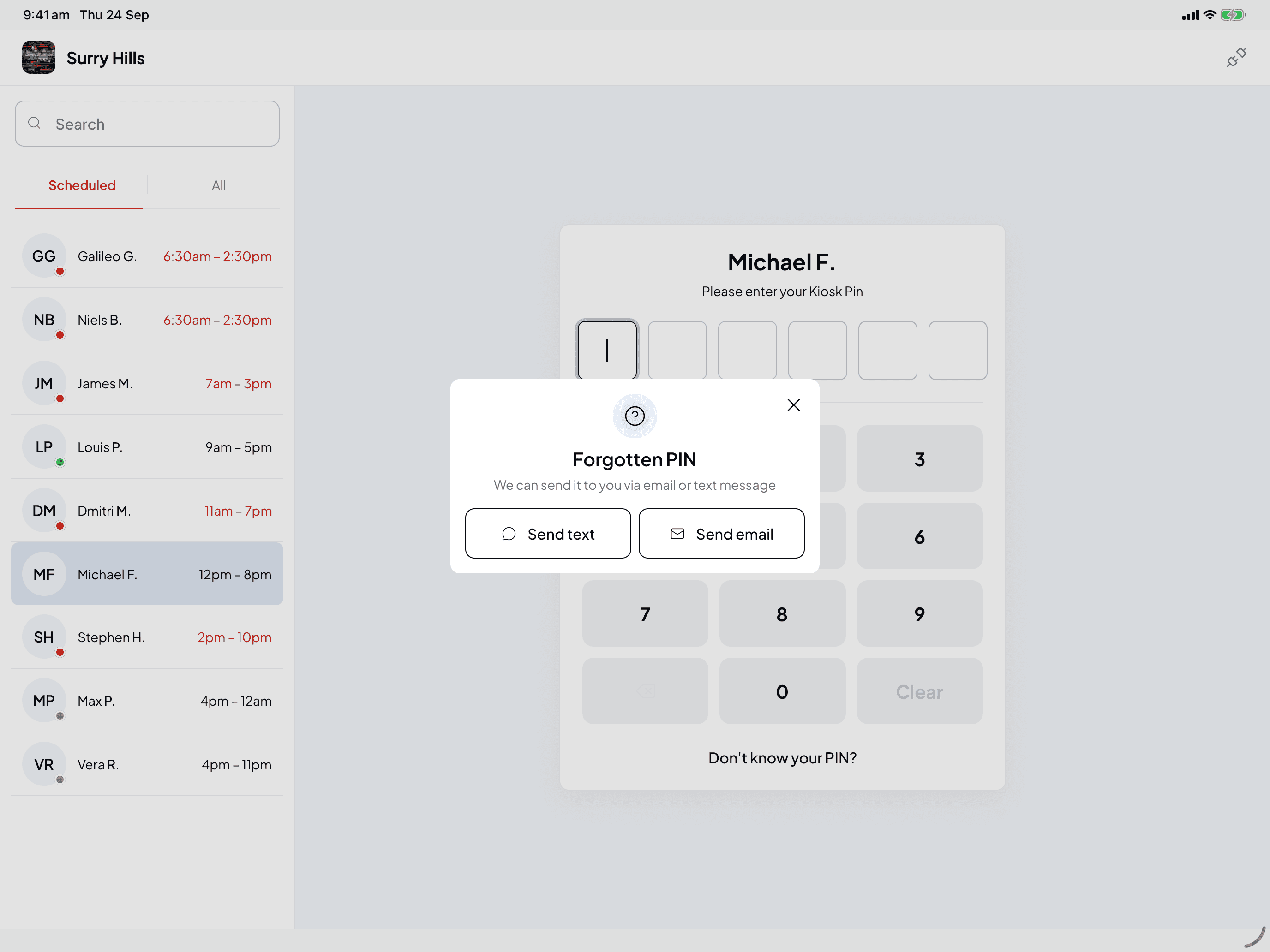 The Forgotten PIN window over the keypad, with Send text and Send email buttons