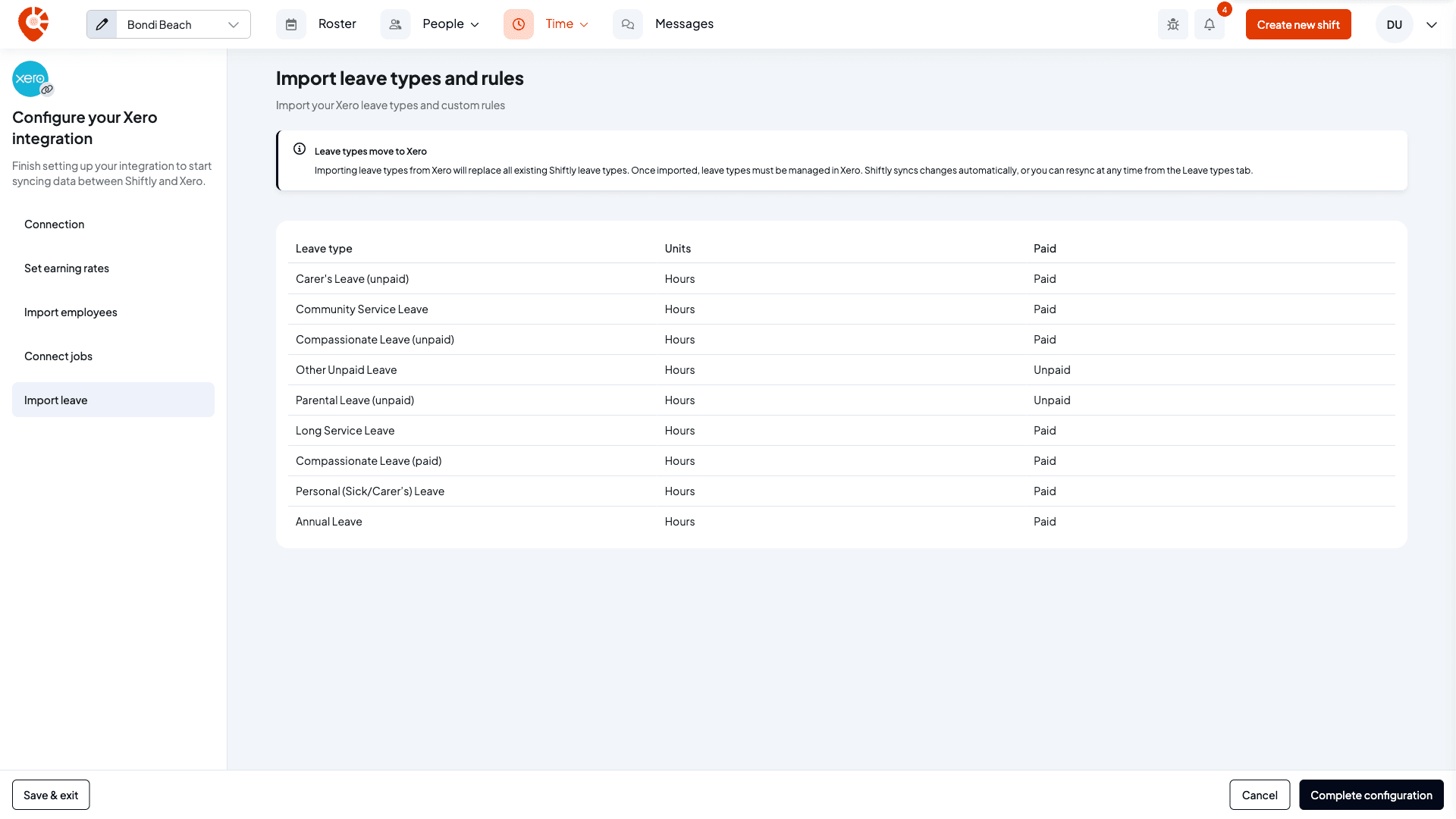 Import leave types and rules, with the Leave types move to Xero note and the Xero leave types listed with their units and whether they're paid