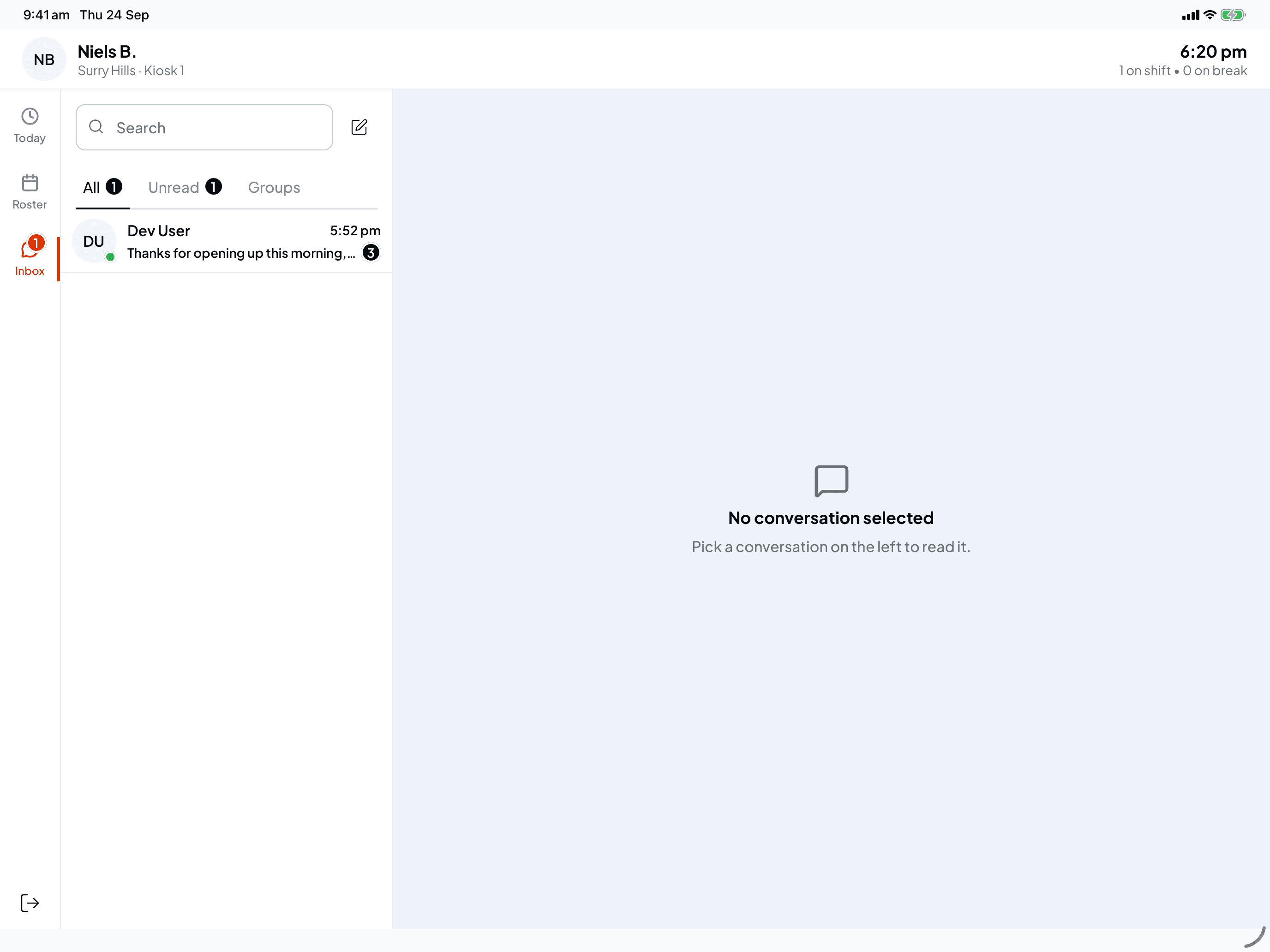 The kiosk Inbox with a conversation from Dev User showing 3 unread messages, and No conversation selected on the right