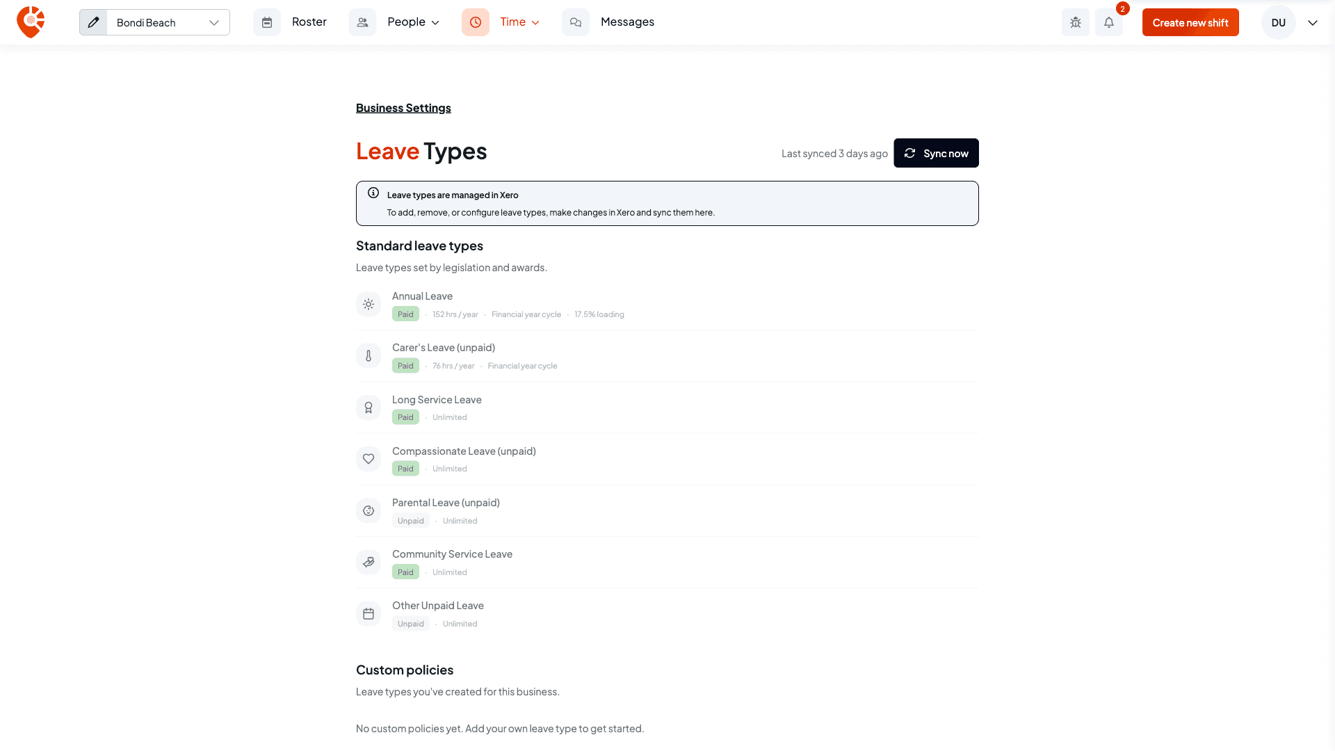 The Leave Types page showing Leave types are managed in Xero, Last synced 3 days ago and a Sync now button, with the leave types from Xero listed below