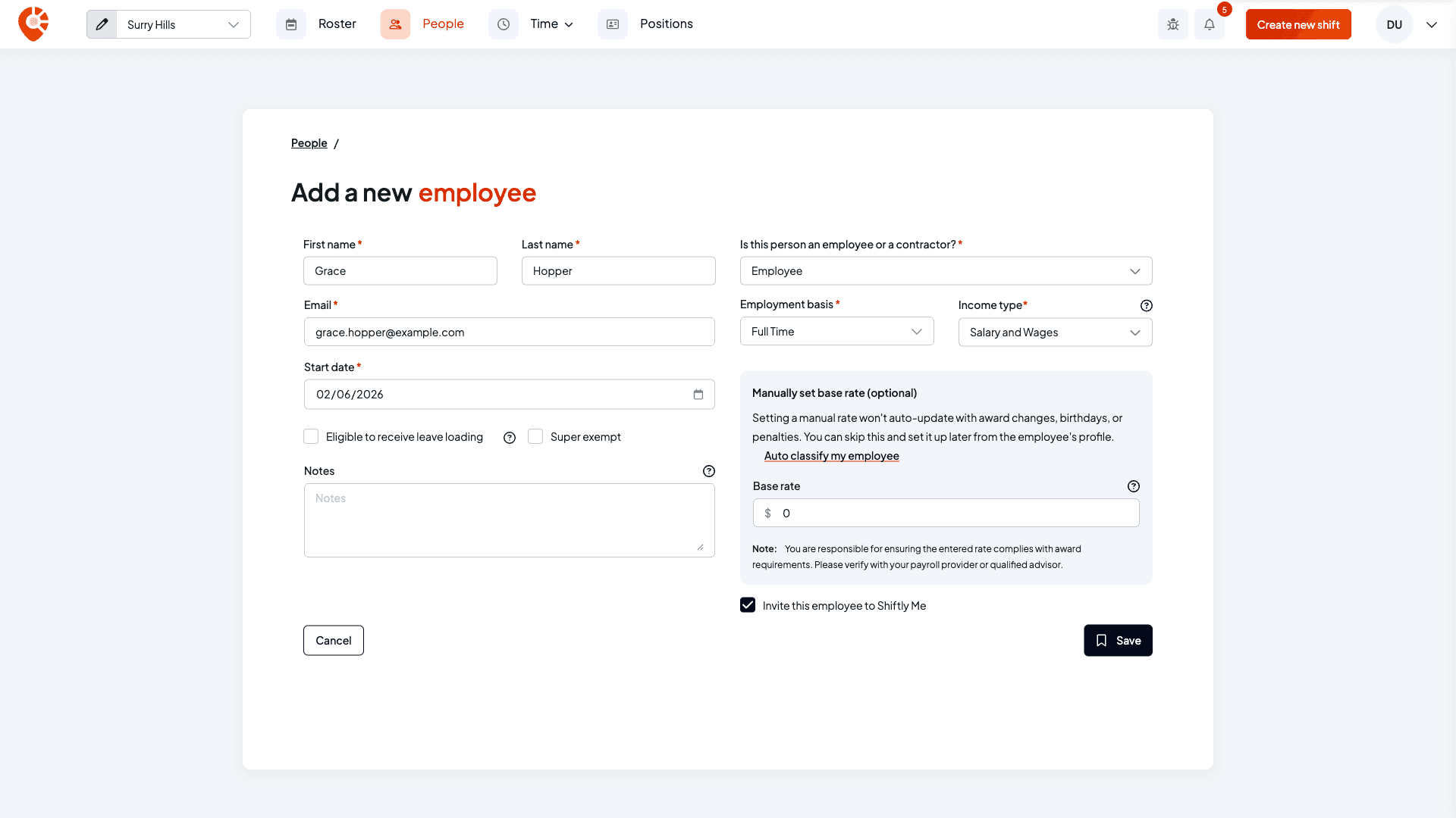 The manual rate entry with a base rate field and a note to verify the rate complies with the award