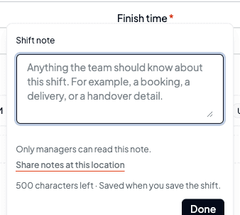 The Shift note panel at a location that doesn't share notes, reading Only managers can read this note, with a Share notes at this location link