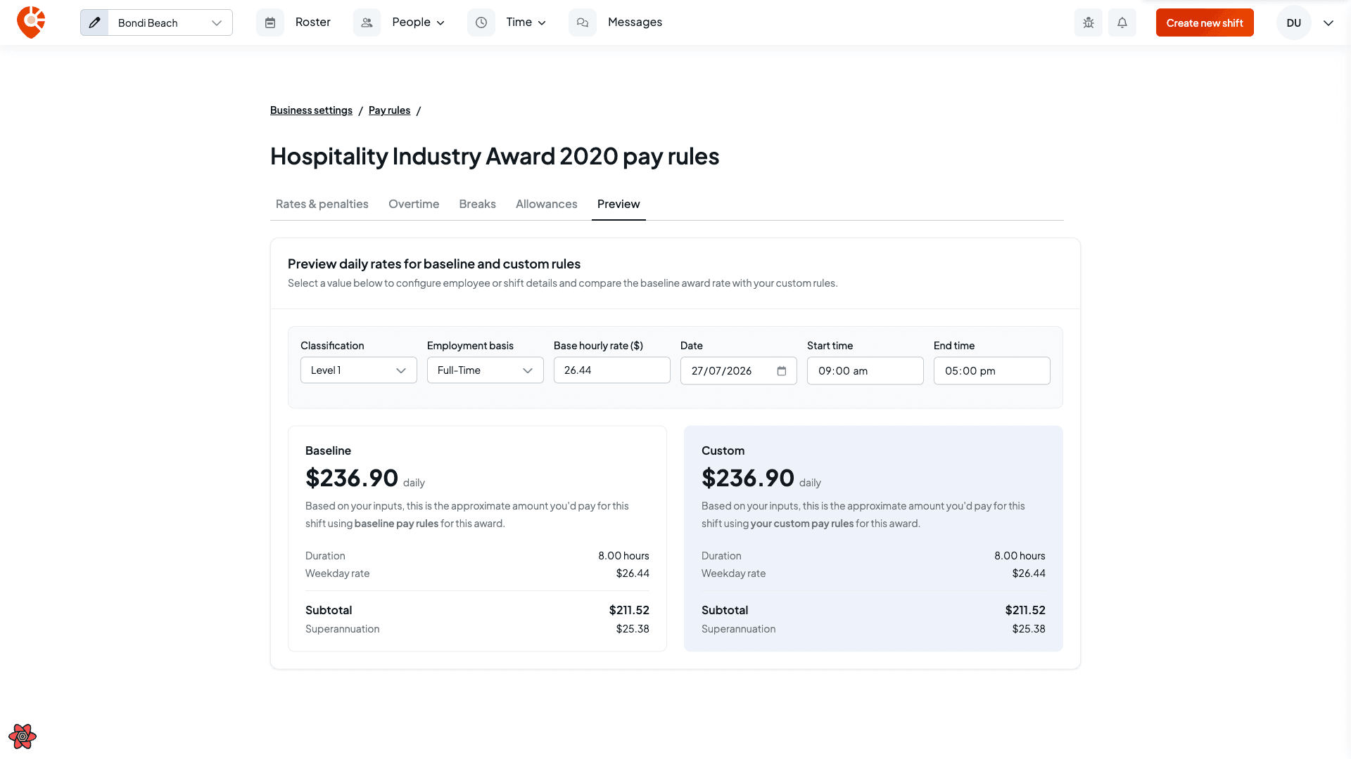 The Preview tab showing a sample shift and a Baseline versus Custom pay comparison