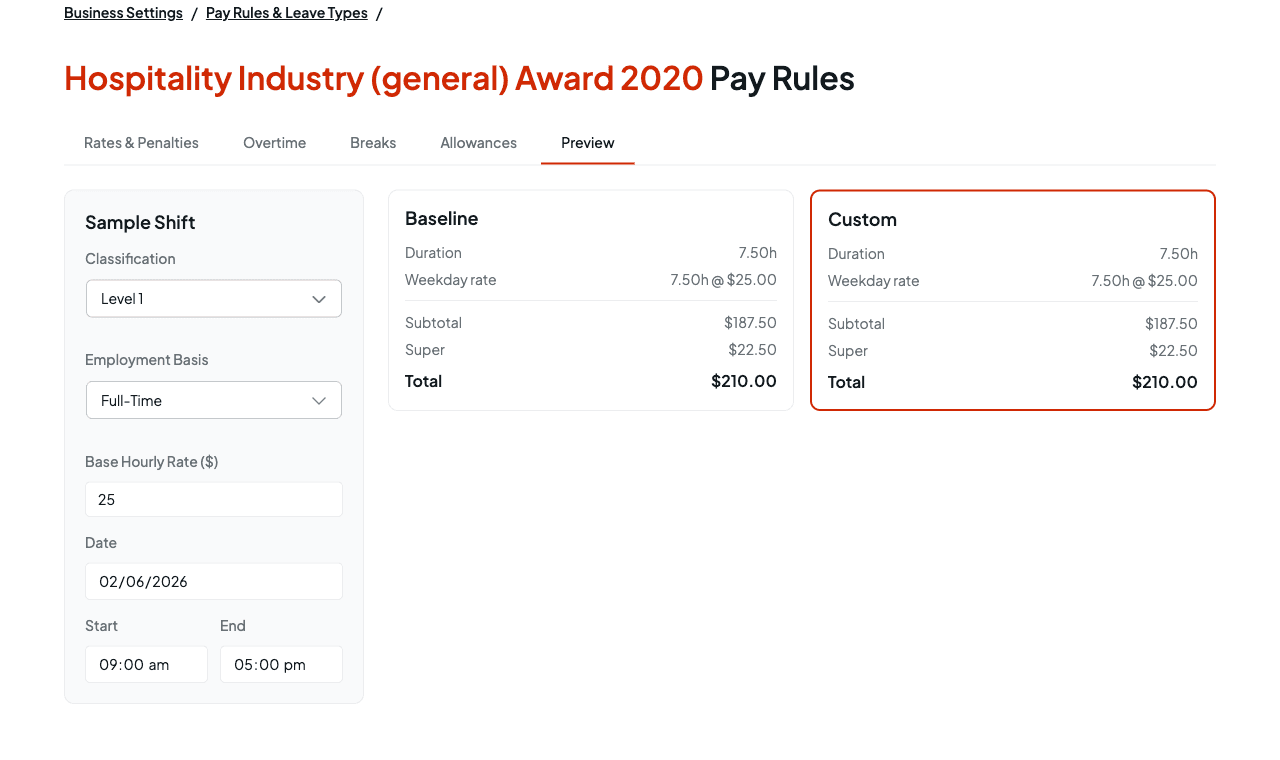 The Preview tab showing a sample shift and a Baseline versus Custom pay comparison