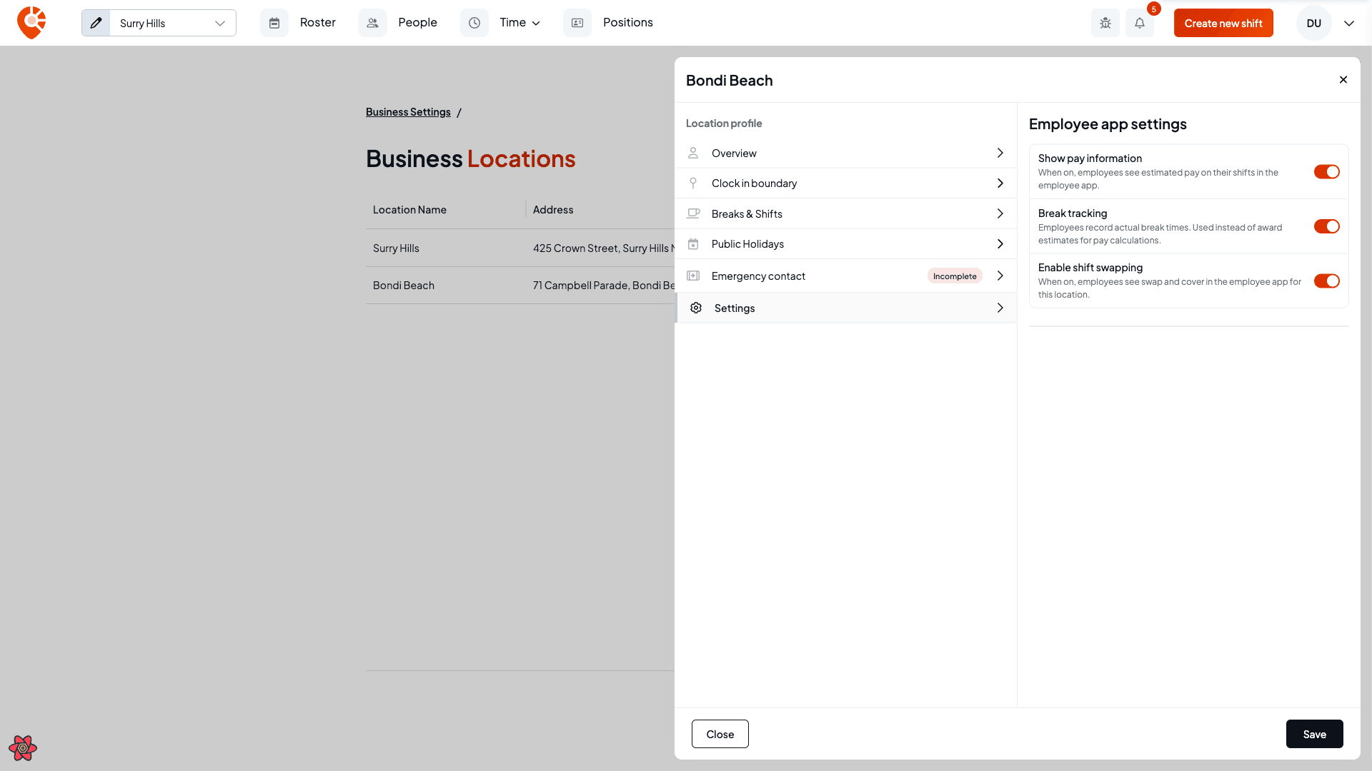 The Settings tab with employee app toggles