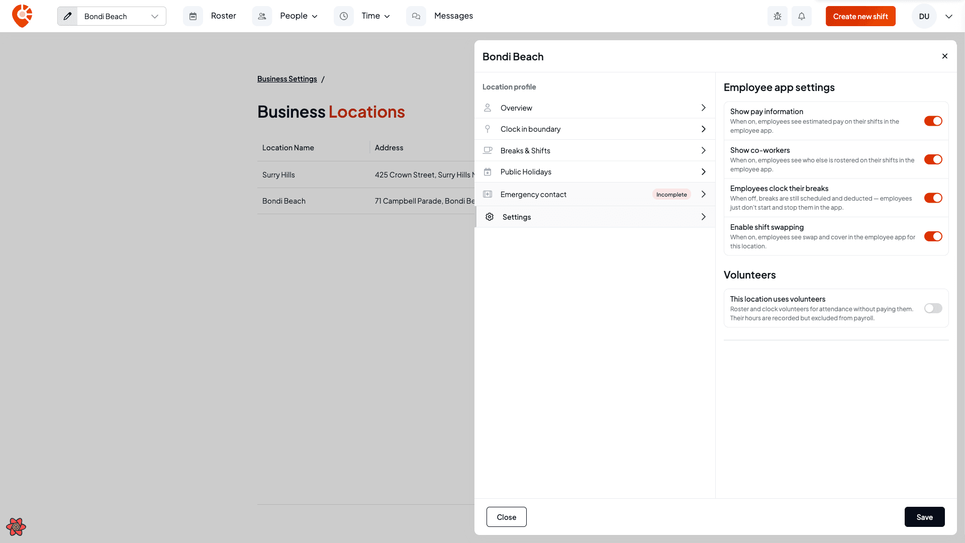 The Settings tab showing the employee app toggles and the volunteers option