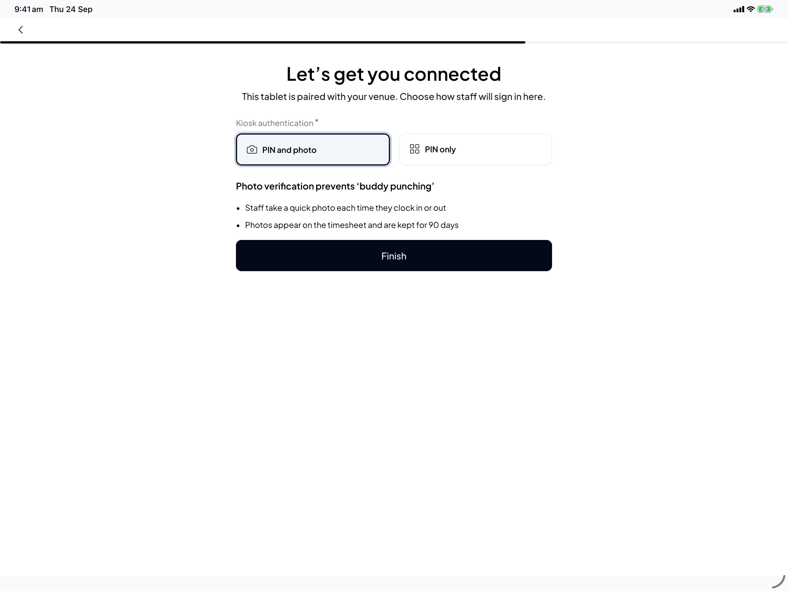 The Let's get you connected screen with Kiosk authentication set to PIN and photo, notes on photo verification, and a Finish button