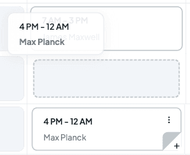 A shift being dragged over the lower edge of James Maxwell's card, with a dashed empty slot shown below it, and availability showing in the other cells