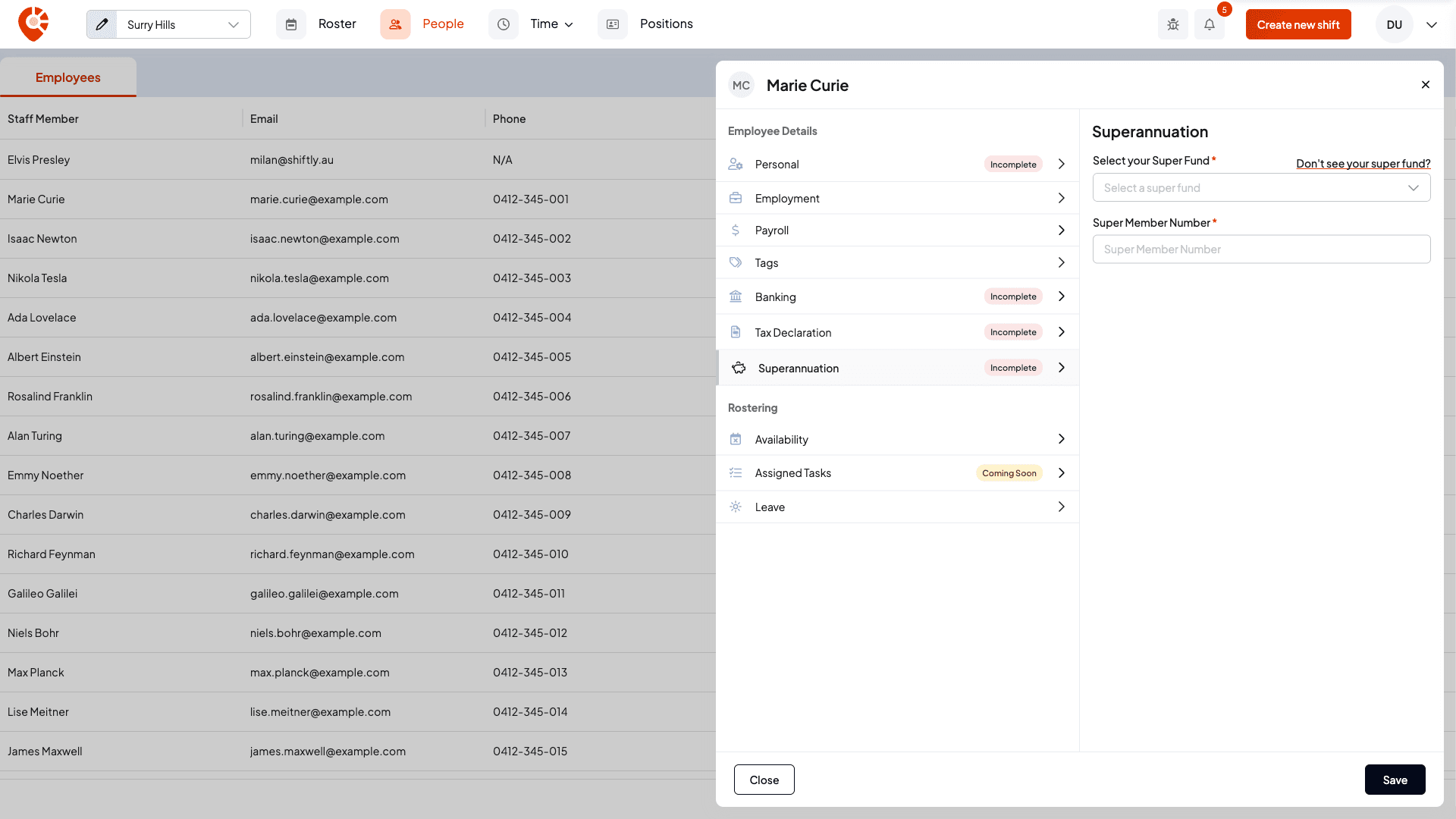 The Superannuation tab with a fund search and member number field