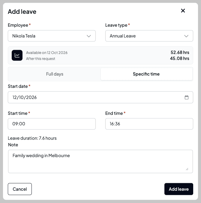 The Add leave dialog in Specific time mode for 12 October, with a 09:00 start time, a 16:36 end time and Leave duration: 7.6 hours