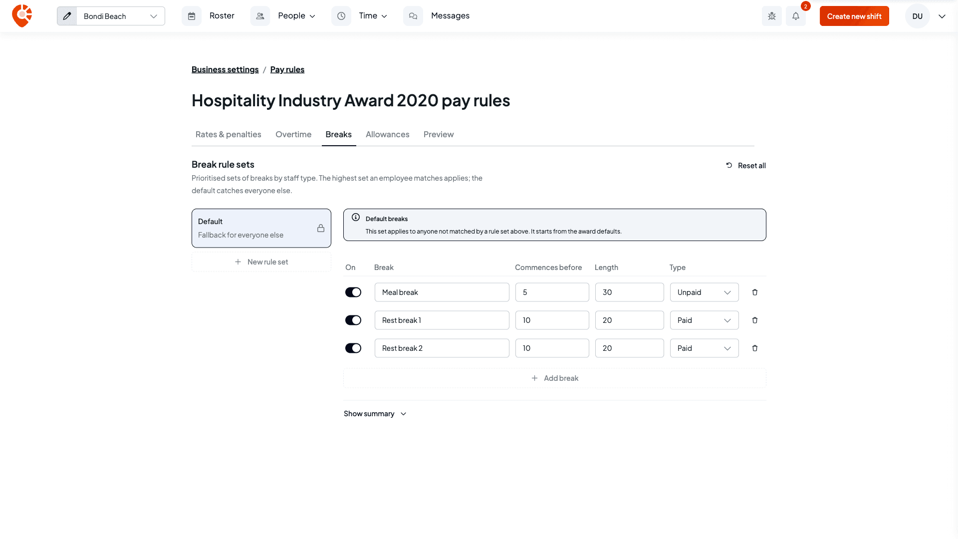 The Breaks tab showing the Default rule set with a 30 minute unpaid meal break and two 20 minute paid rest breaks, and the New rule set button