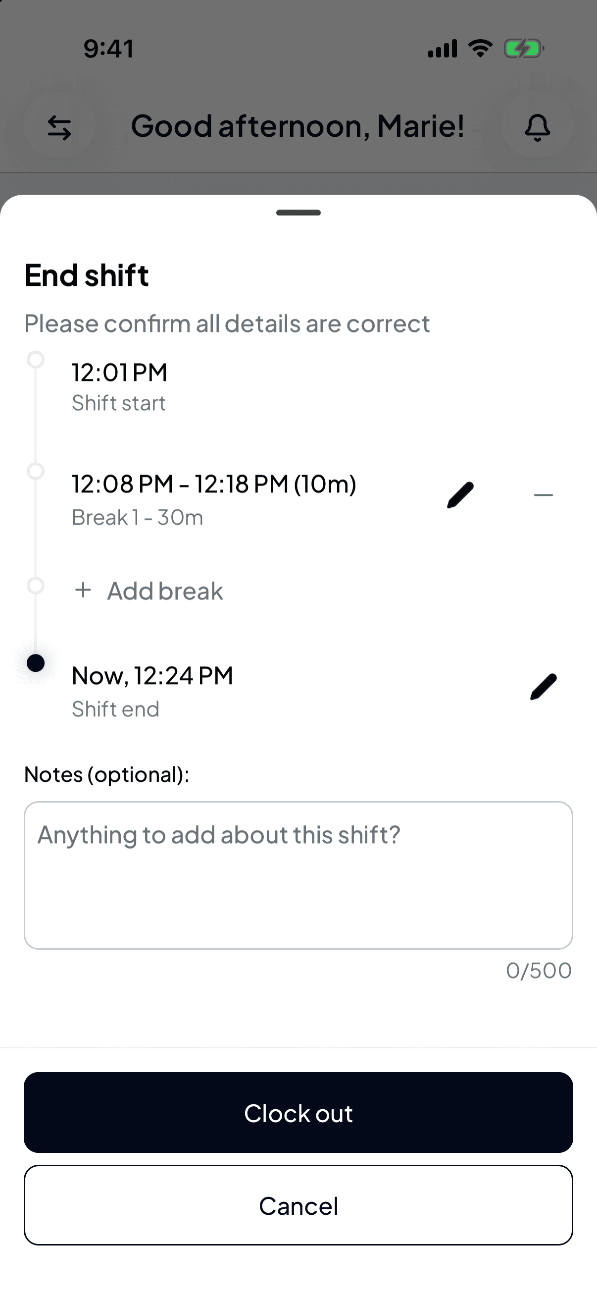 The End shift sheet showing shift start at 12:01 PM, a recorded break with edit and remove buttons, Add break, the shift end with an edit button, a notes field, and Clock out and Cancel buttons