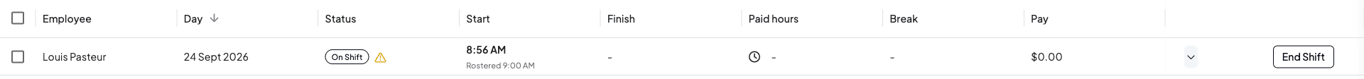 An On Shift timesheet row with a dash for finish, paid hours and break, and an End Shift button
