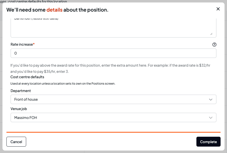 The position form for Bartender showing the Business-wide tag defaults group, "Used at every location unless a location sets its own on the Positions screen.", with Department set to Front of house and Venue job set to Massimo FOH