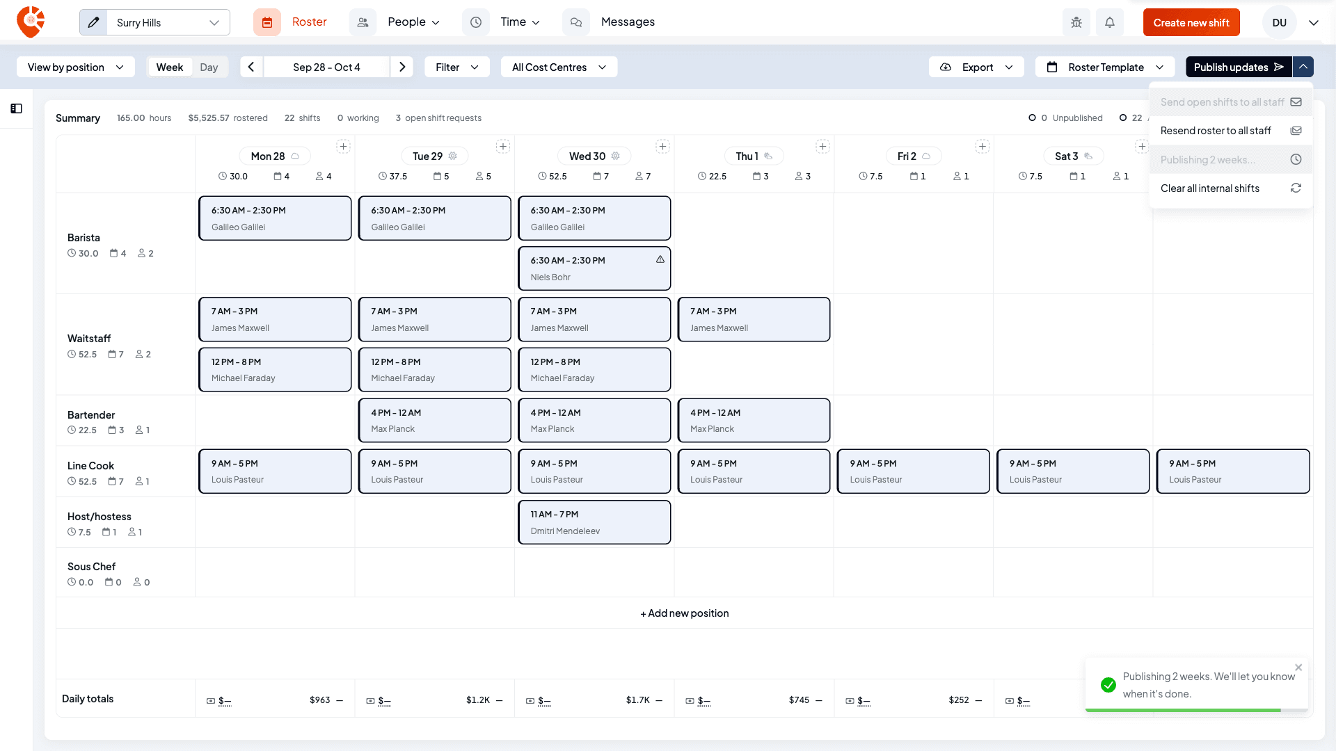 The roster for the week of 28 September with every shift now published, the publish menu showing Publishing 2 weeks... greyed out, and the message Publishing 2 weeks. We'll let you know when it's done.