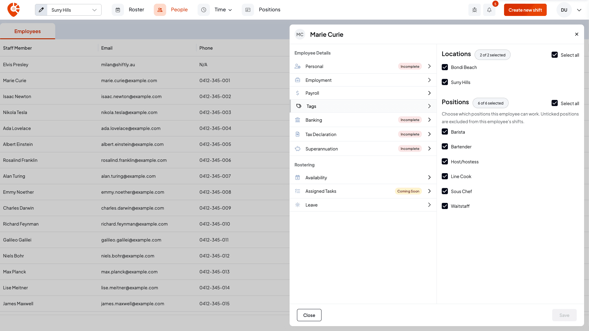 The Tags tab with location access and position selection