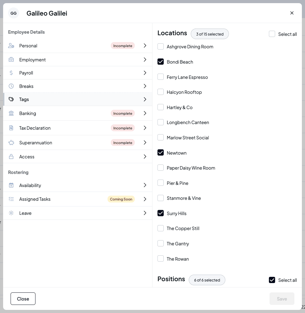 The Tags tab with three of fifteen locations selected and all six positions selected