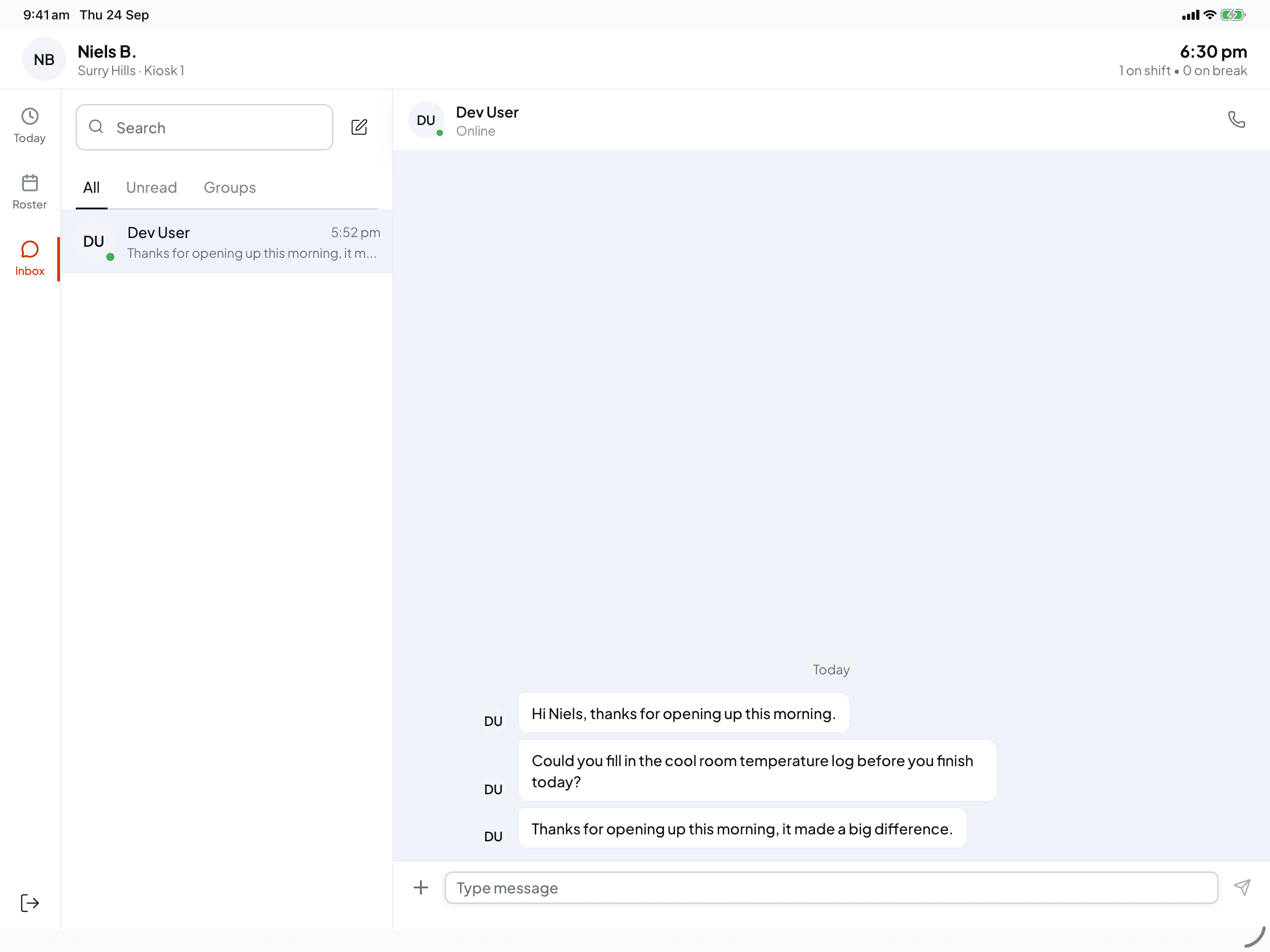 A conversation with Dev User showing three messages from today and a Type message box with a plus button