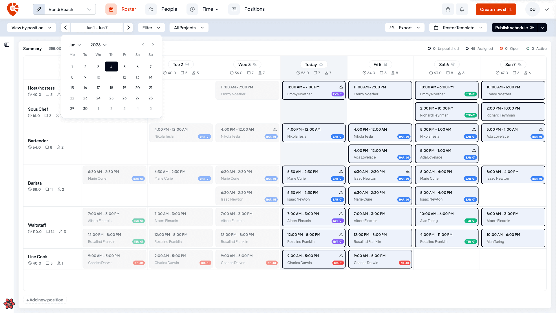Scheduler week navigation with previous and next arrows and a date picker open to jump to any week