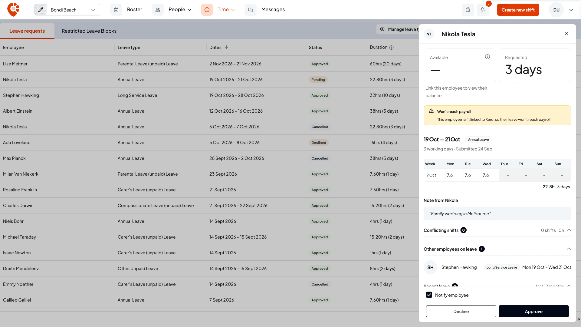 The review panel for an employee who isn't linked to Xero: Available shows a dash with Link this employee to view their balance, and a Won't reach payroll warning