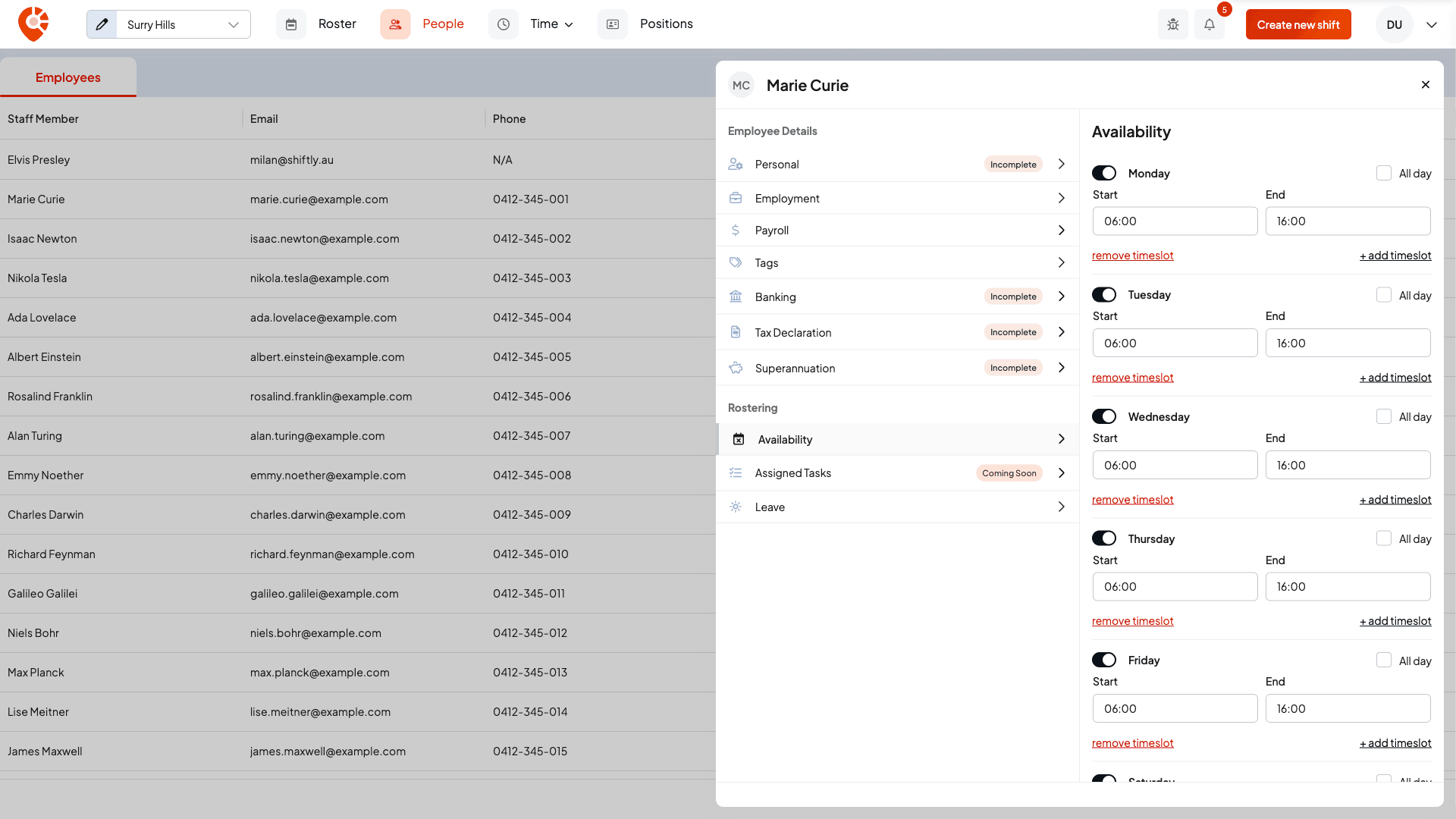 The Availability tab with per-day available times
