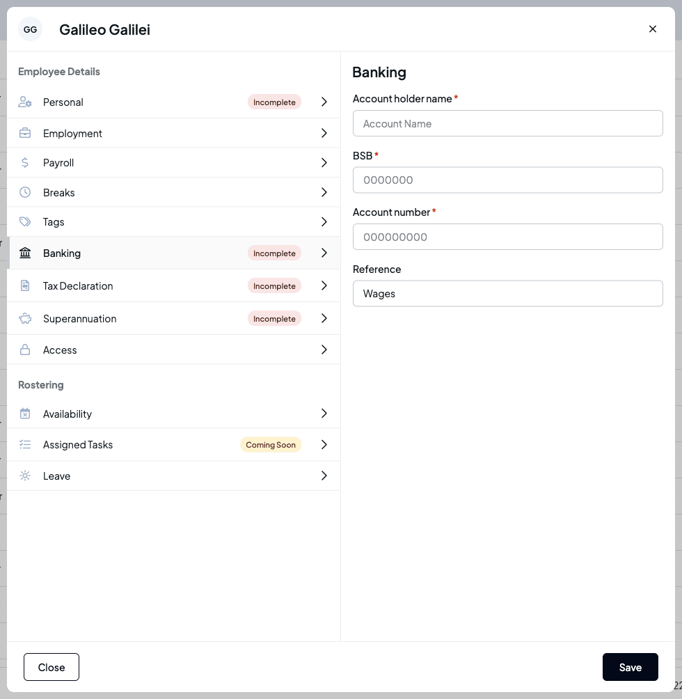The Banking tab with account holder name, BSB, account number and reference fields