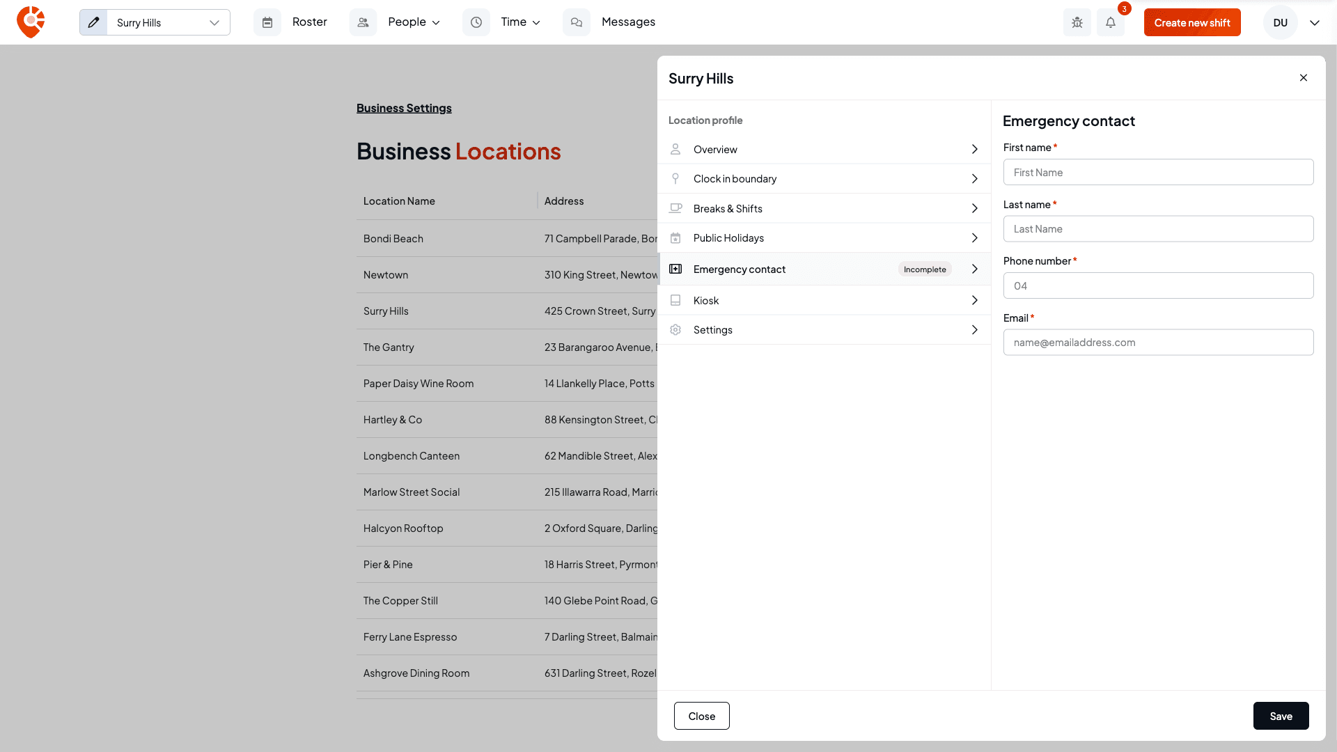 The Emergency contact tab with first name, last name, phone number and email fields
