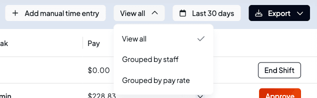 The grouping menu with View all, Grouped by staff and Grouped by pay rate
