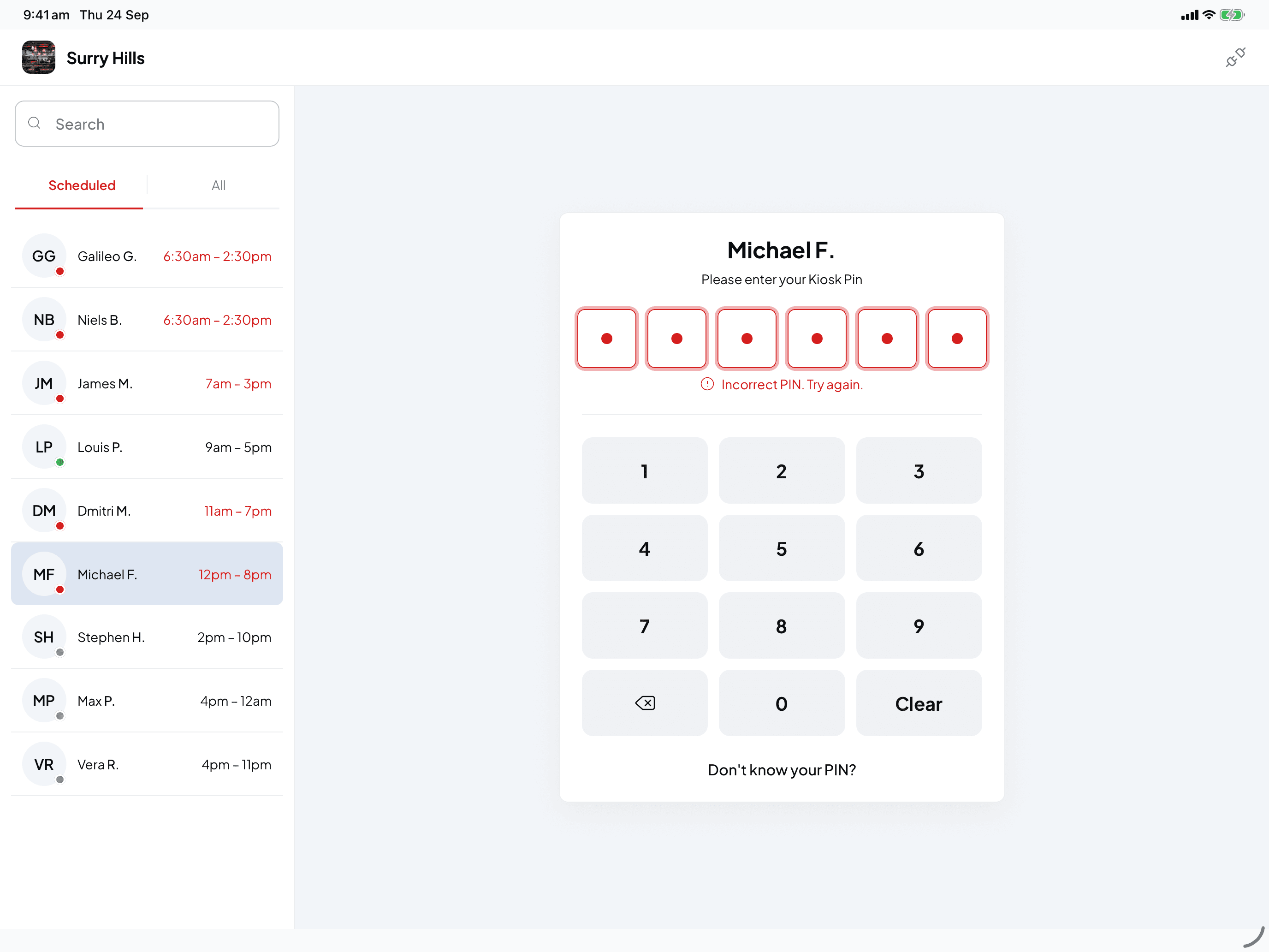 The keypad for Michael F. with red boxes and the message Incorrect PIN. Try again.