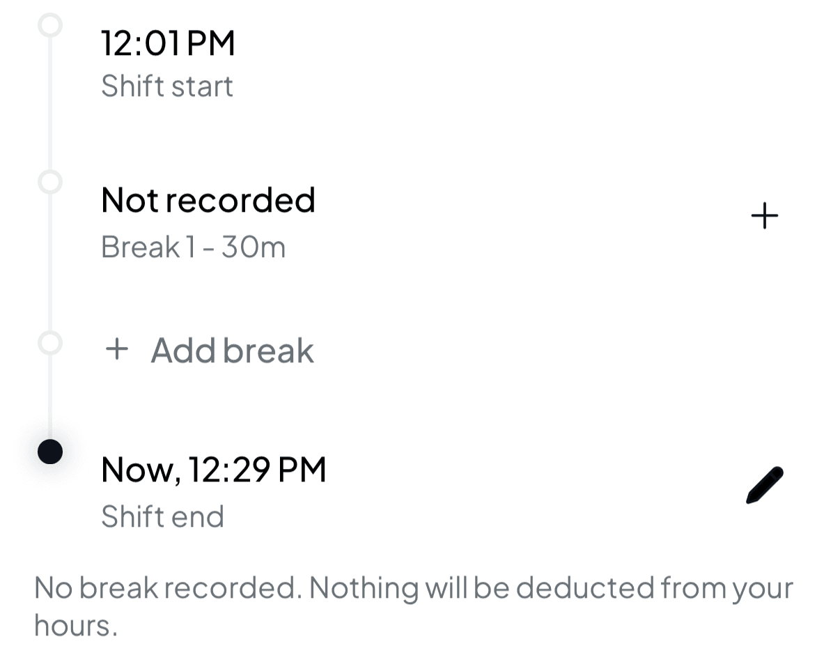 The End shift timeline with the rostered break marked Not recorded and a plus button, and the message No break recorded. Nothing will be deducted from your hours.
