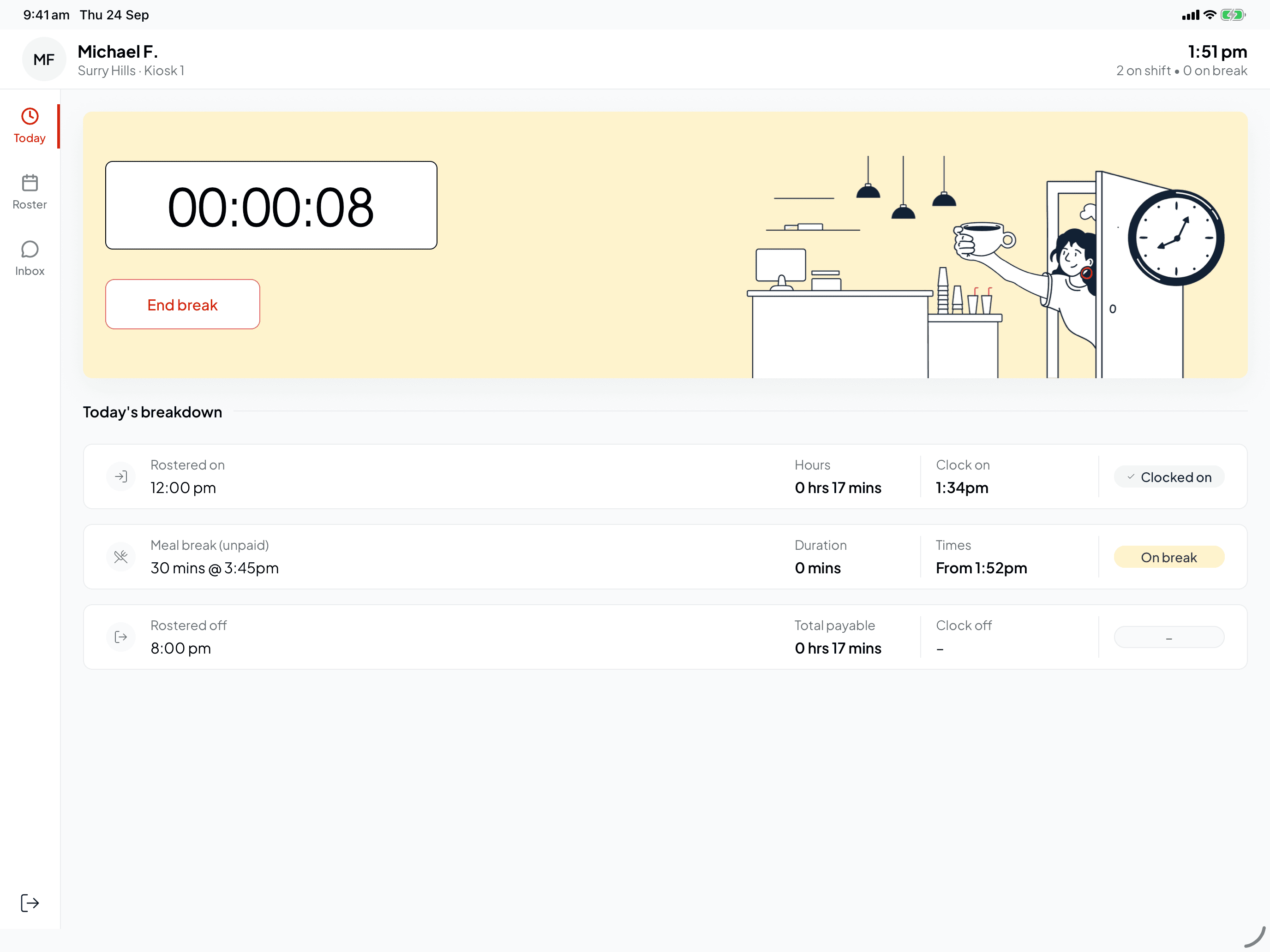 The on-break card in yellow with a 00:00:08 timer and an End break button, and the meal break marked On break in Today's breakdown