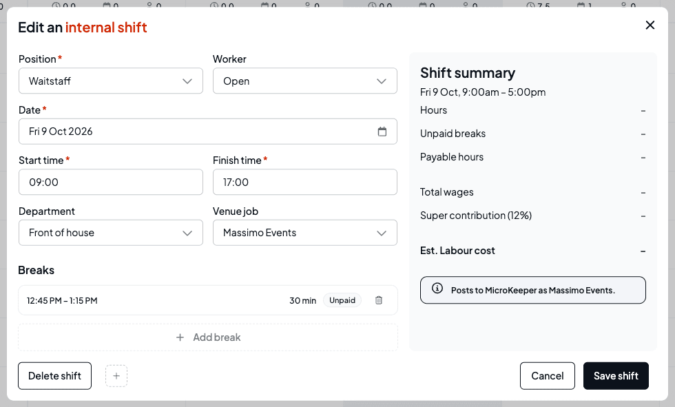 The Edit an internal shift form with Department set to Front of house and Venue job set to Massimo Events, and the shift summary reading "Posts to MicroKeeper as Massimo Events."