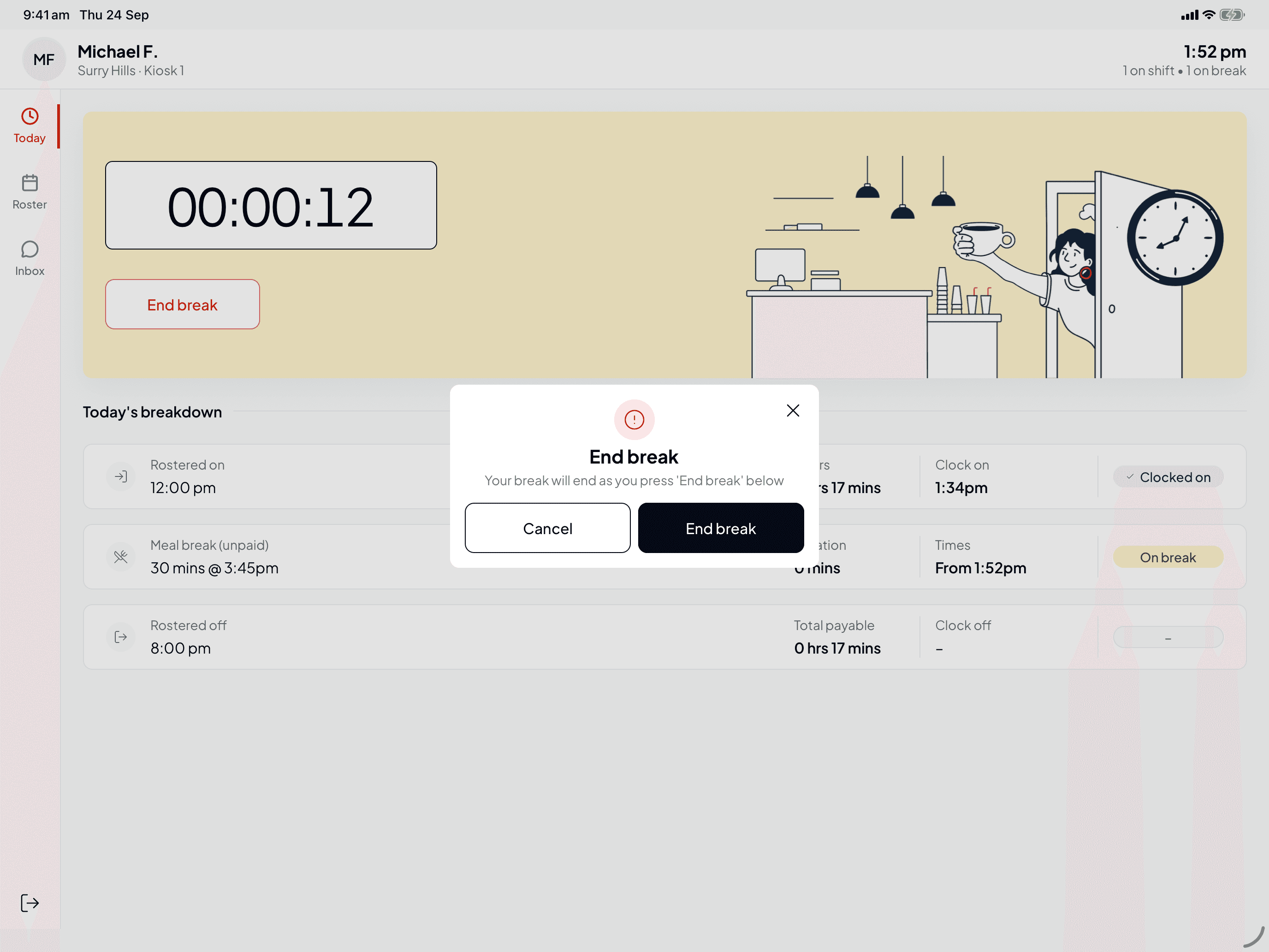 The End break confirmation with Cancel and End break buttons
