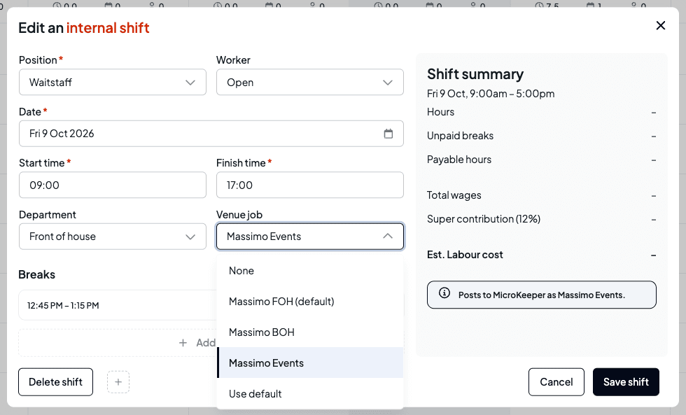 The Venue job field open on a shift, listing None, Massimo FOH (default), Massimo BOH, Massimo Events (selected) and Use default