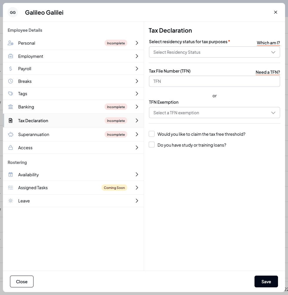 The Tax Declaration tab with residency status, tax file number, TFN exemption and tax-free threshold