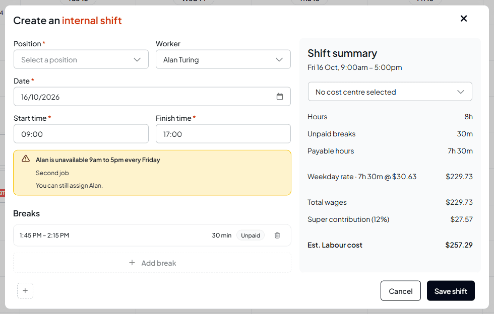The Create an internal shift form for Alan Turing on Friday 16 October from 09:00 to 17:00, with the warning Alan is unavailable 9am – 5pm every Friday, Second job, You can still assign Alan