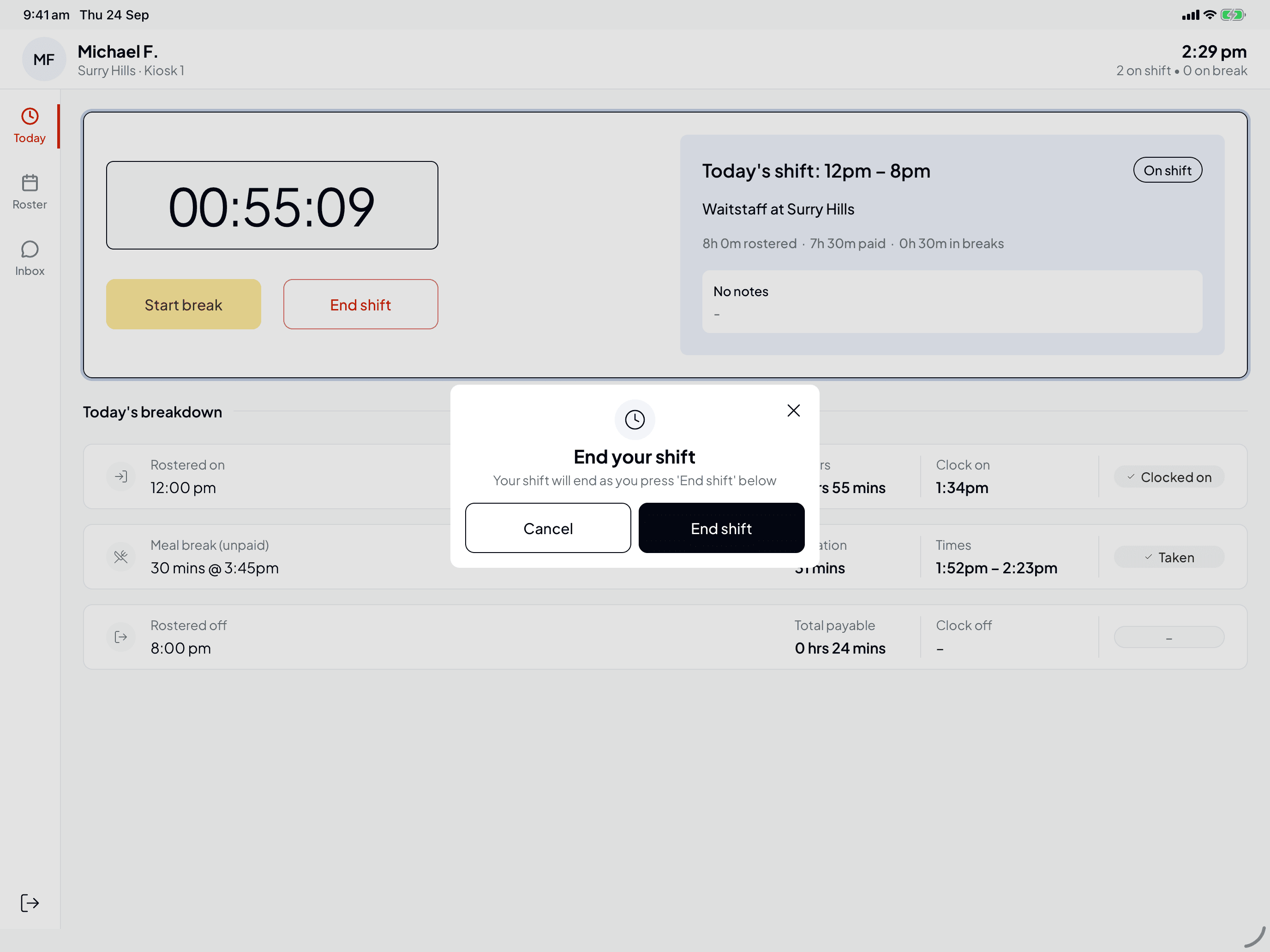 The End your shift confirmation with Cancel and End shift, over the on-shift card showing a taken meal break