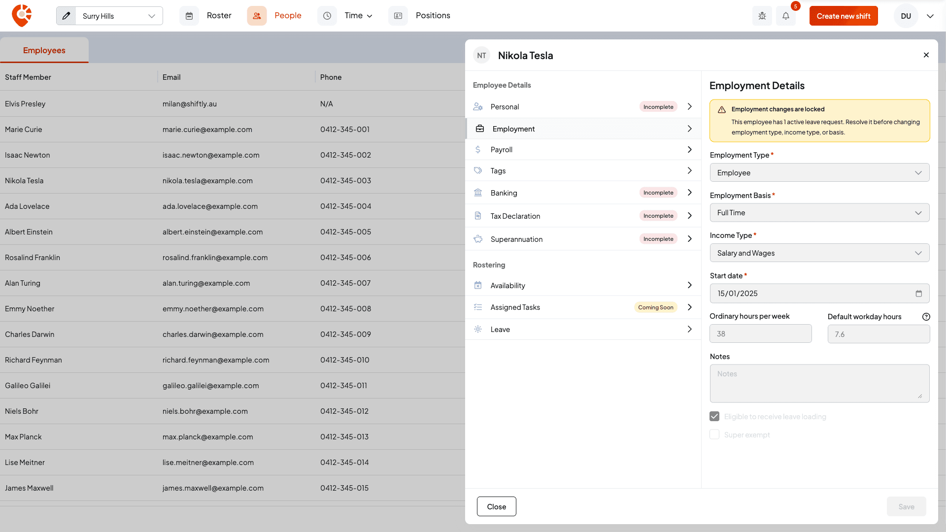 The Employment tab disabled with an alert that employment changes are locked because of active leave