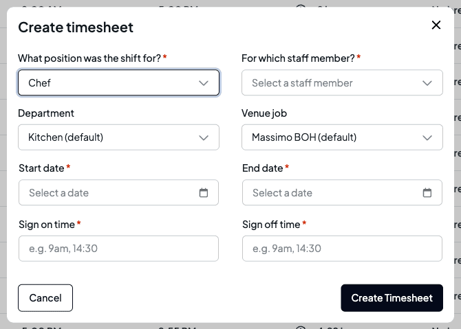The Create timesheet dialog with Chef chosen as the position, and Department showing Kitchen (default) and Venue job showing Massimo BOH (default)