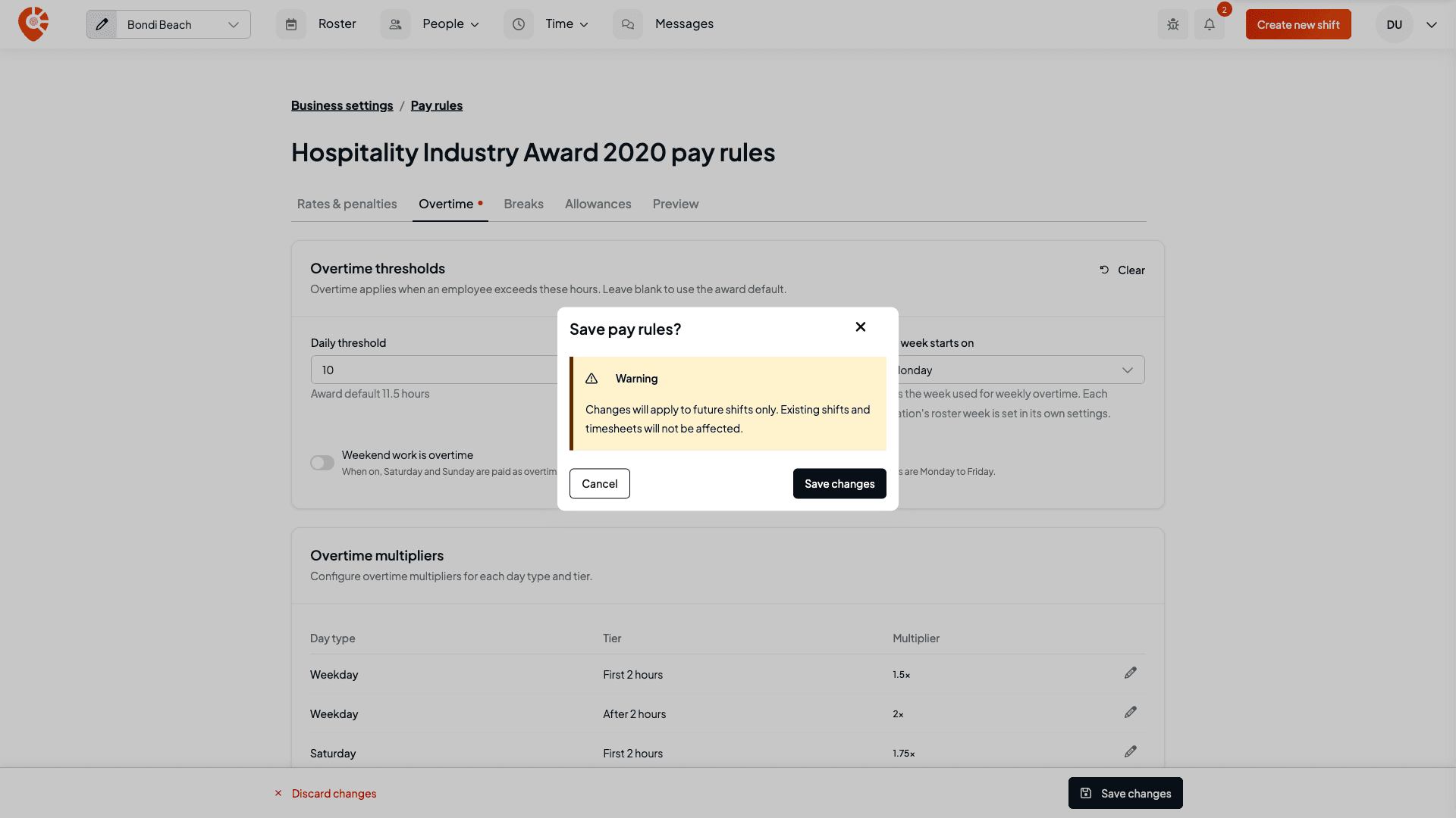 The Save pay rules? confirmation over the Overtime tab, with the unsaved changes bar at the bottom and a dot on the Overtime tab
