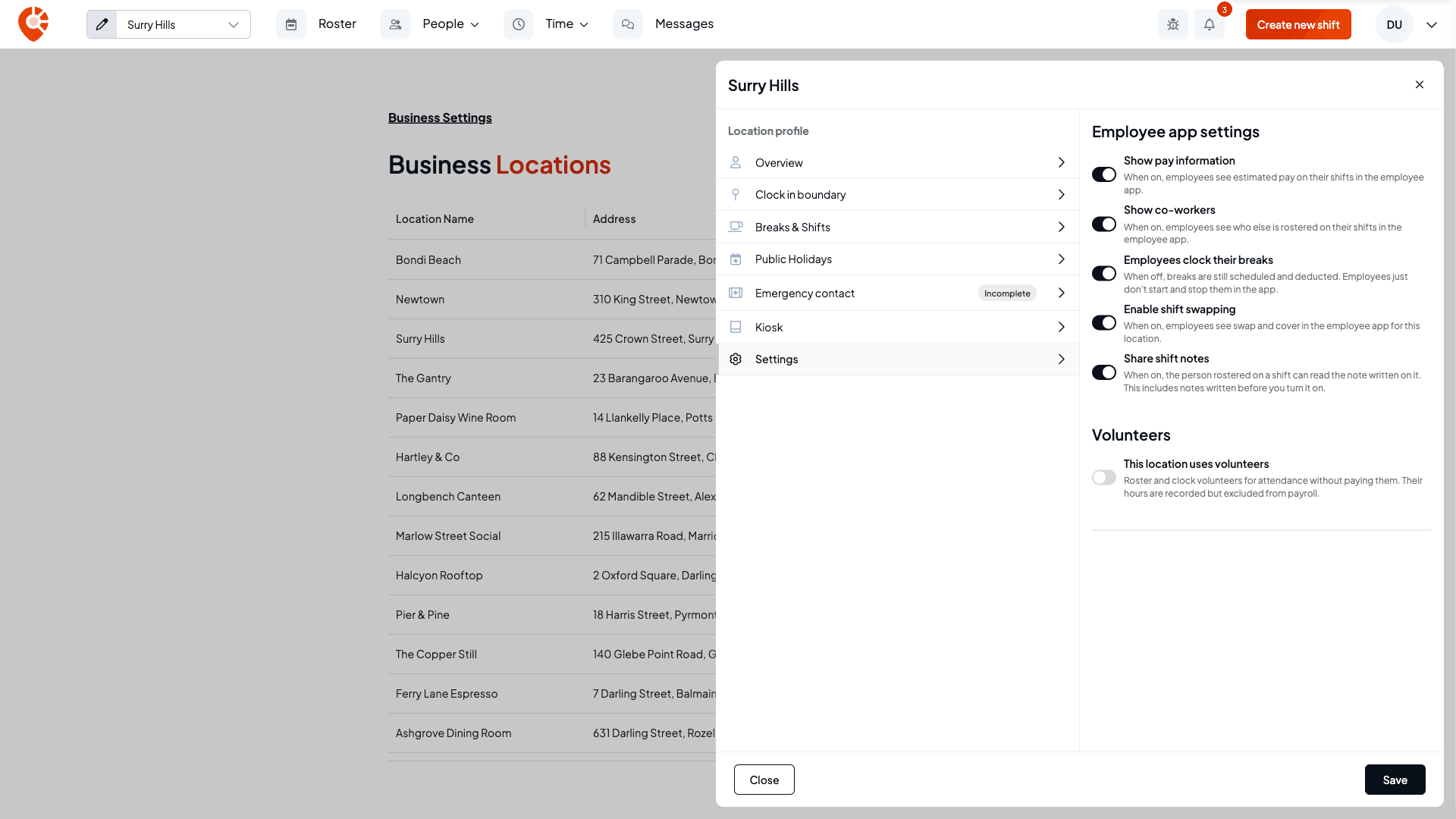 The Settings tab showing the employee app switches, including Share shift notes, and the volunteers switch