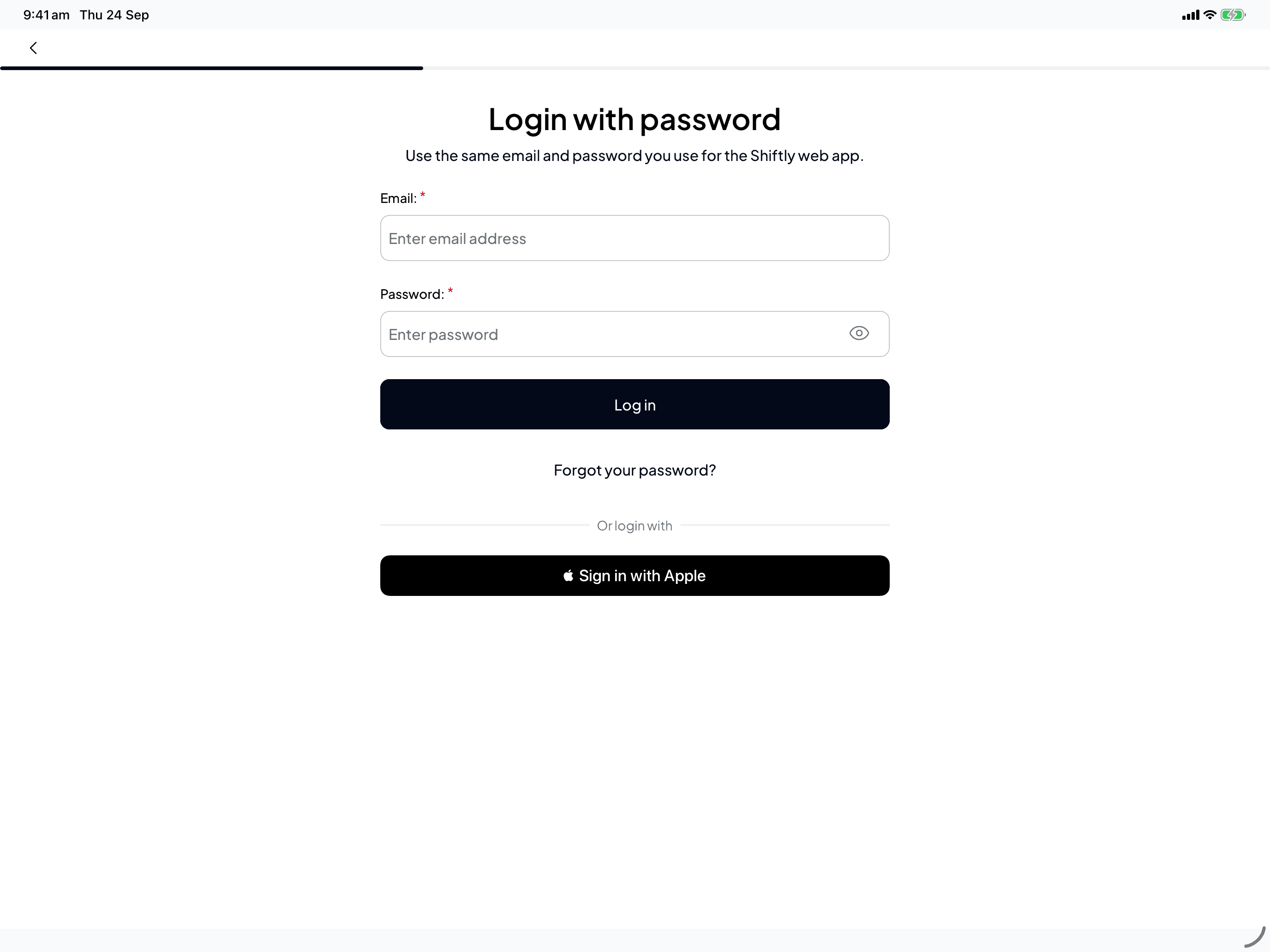 The Login with password screen with Email and Password fields, a Log in button, Forgot your password? and Sign in with Apple