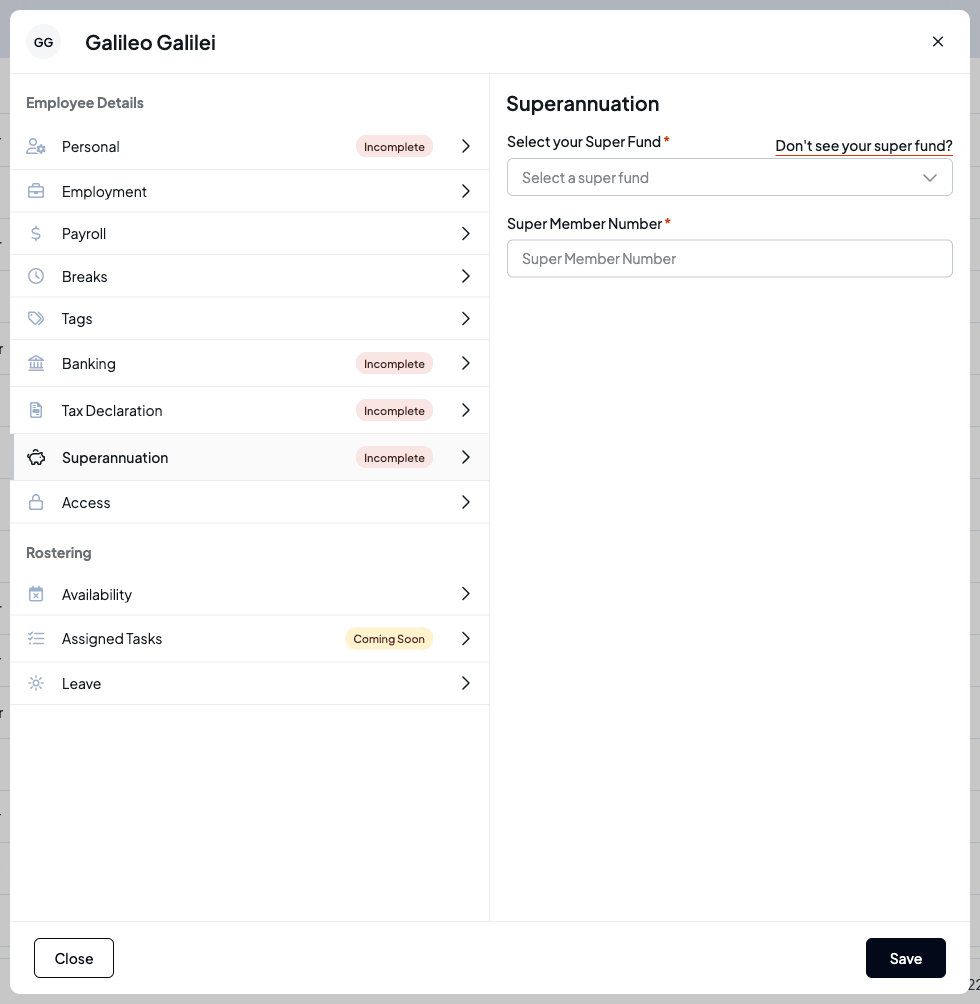 The Superannuation tab with a super fund search and a member number field