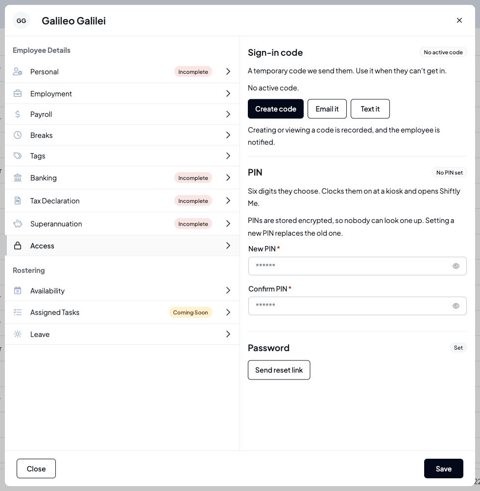 The Access tab with a Sign-in code section showing No active code and Create code, Email it and Text it buttons, a PIN section with New PIN and Confirm PIN fields, and a Password section with a Send reset link button
