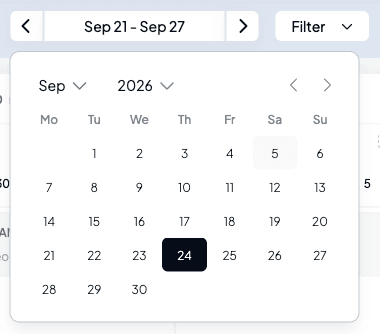 Roster date navigation with previous and next arrows and a calendar open on September 2026 with today highlighted