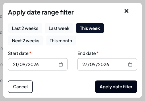 The Apply date range filter dialog with presets for Last 2 weeks, Last week, This week, Next 2 weeks and This month, and start and end date fields