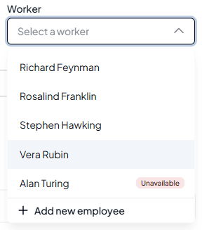 The Worker list with available staff at the top and Alan Turing at the bottom marked Unavailable