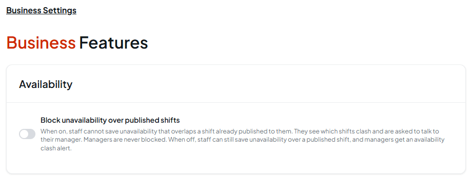 The Business Features page with the Availability card and the switch Block unavailability over published shifts, turned off, with its description