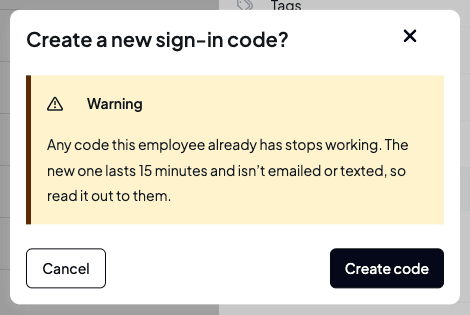 The Create a new sign-in code confirmation explaining that the new code lasts 15 minutes and should be read out
